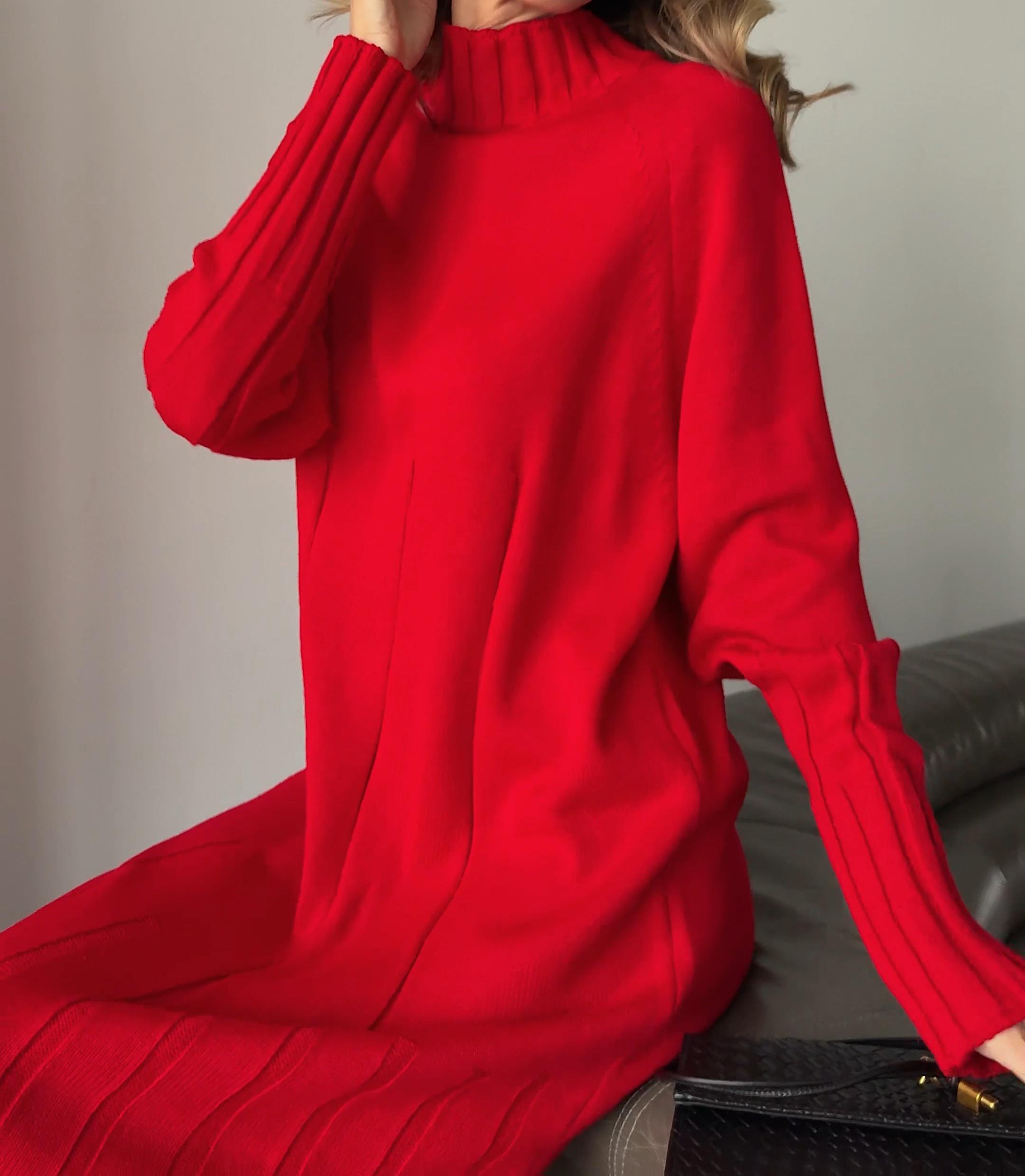 Red Merino Wool Knitted Midi Dress Turtleneck Loose Fit Sweaterdress Cozy  Warm Knitwear Outfit - Etsy