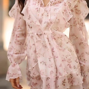 Floral Tencel Mini Dress French Lace Ruffled Cottagecore Romantic Pink Long Sleeve Dress Flounce High Neck Dress Boho Summer Outfit image 20