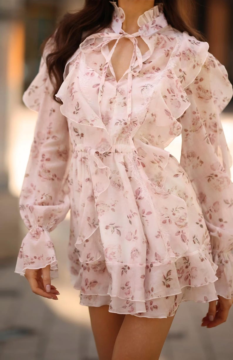 Floral Tencel Mini Dress French Lace Ruffled Cottagecore Romantic Pink Long Sleeve Dress Flounce High Neck Dress Boho Summer Outfit image 20
