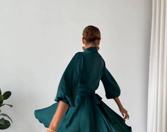 Emerald Green Silk Wrap Dress: Deep V Neck Flared Mini Skirt