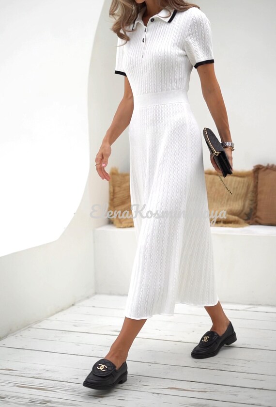 White Cotton Knit Midi Dress Polo Collar Summer Dress Elegant