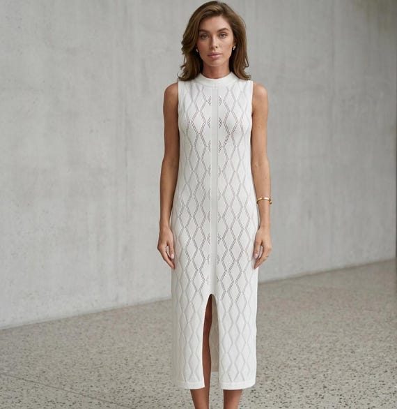 White Knitted Hollow Out Dress 100% Cotton Midi Dress Front Slit Geometric Pointelle Sleeveless Summer Knit Gown Minimalist Resort Wear