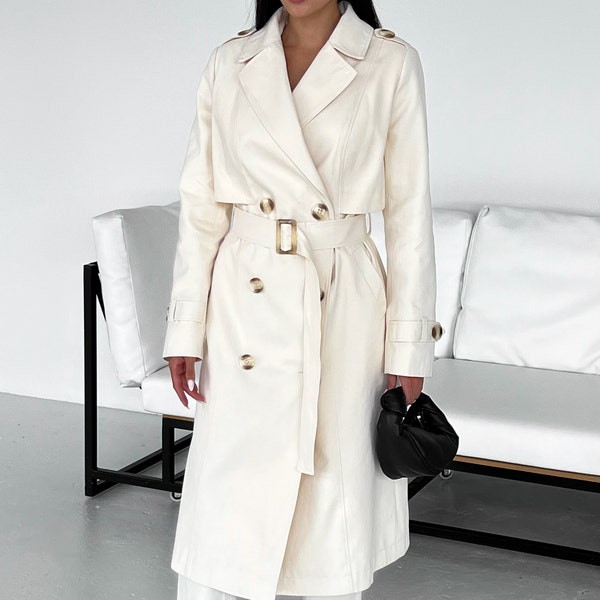 White Trench Coat for Women Double Breasted Coat under the Belt  Epaulettes Coat Fall Raincoat Long Coat Autumn Outerwear Buttoned Long Coat