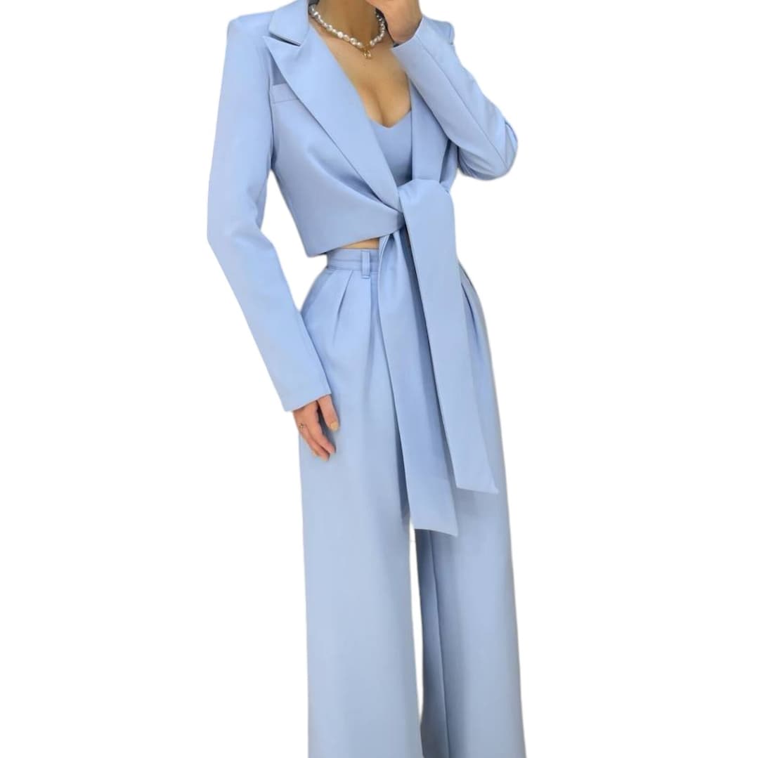 Layered Formal Long Sleeve Scoop Neckline Pantsuit Dusty Blue