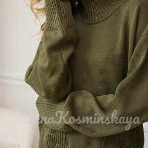 Khaki Merino Wool Knitted Suit for Women Loose Fit Suit 2 Piece Set Turtleneck Pullover Pleated Culottes Pants Trendy Warm Suit Cozy Sweater