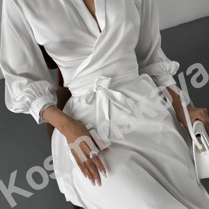White Satin Mini Wrap Dress: Deep V Neck Bishop Sleeve