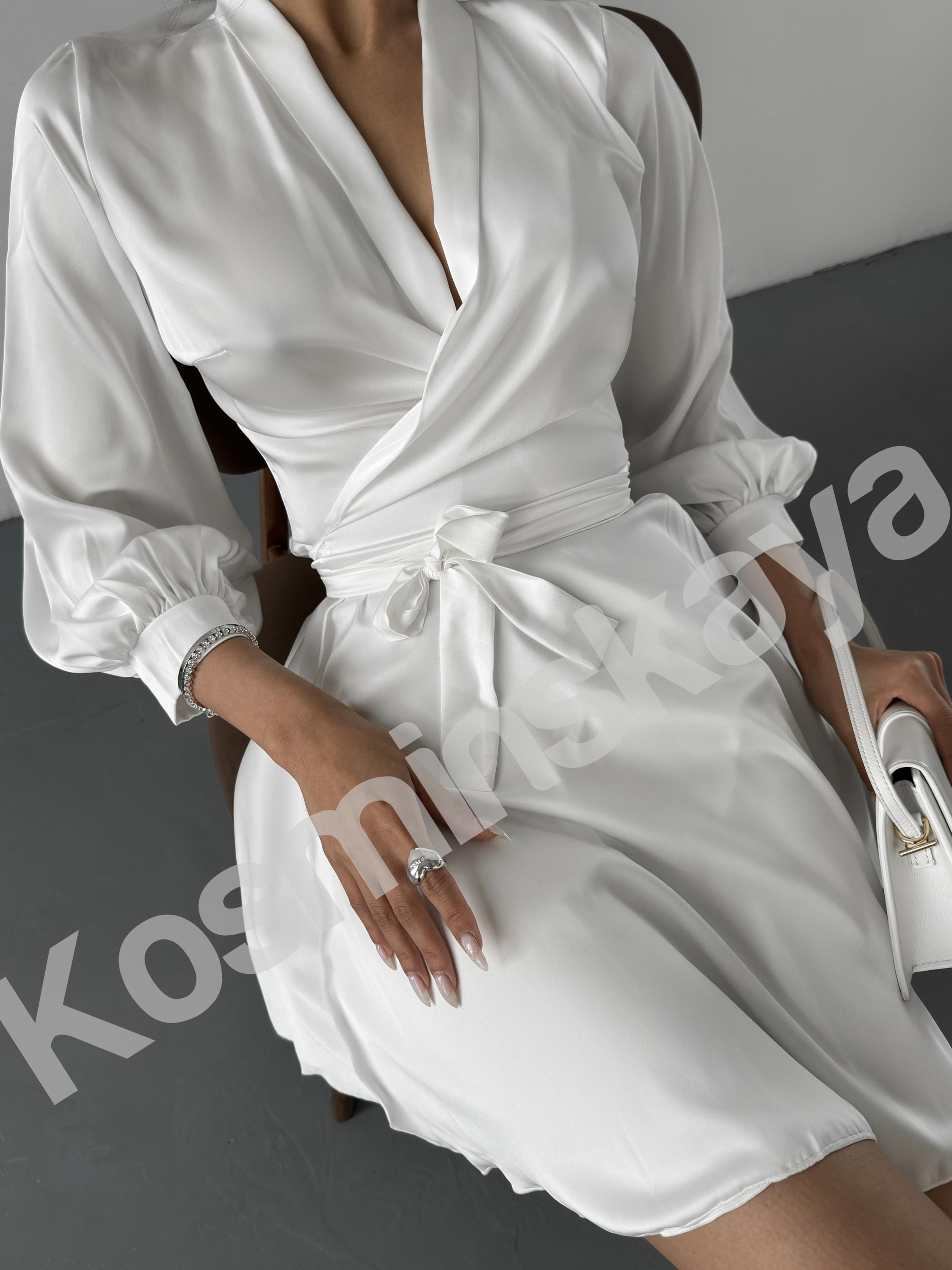 white satin wrap cuff detail shift dress White Satin Mini Wrap Dress: Deep V Neck Bishop Sleeve