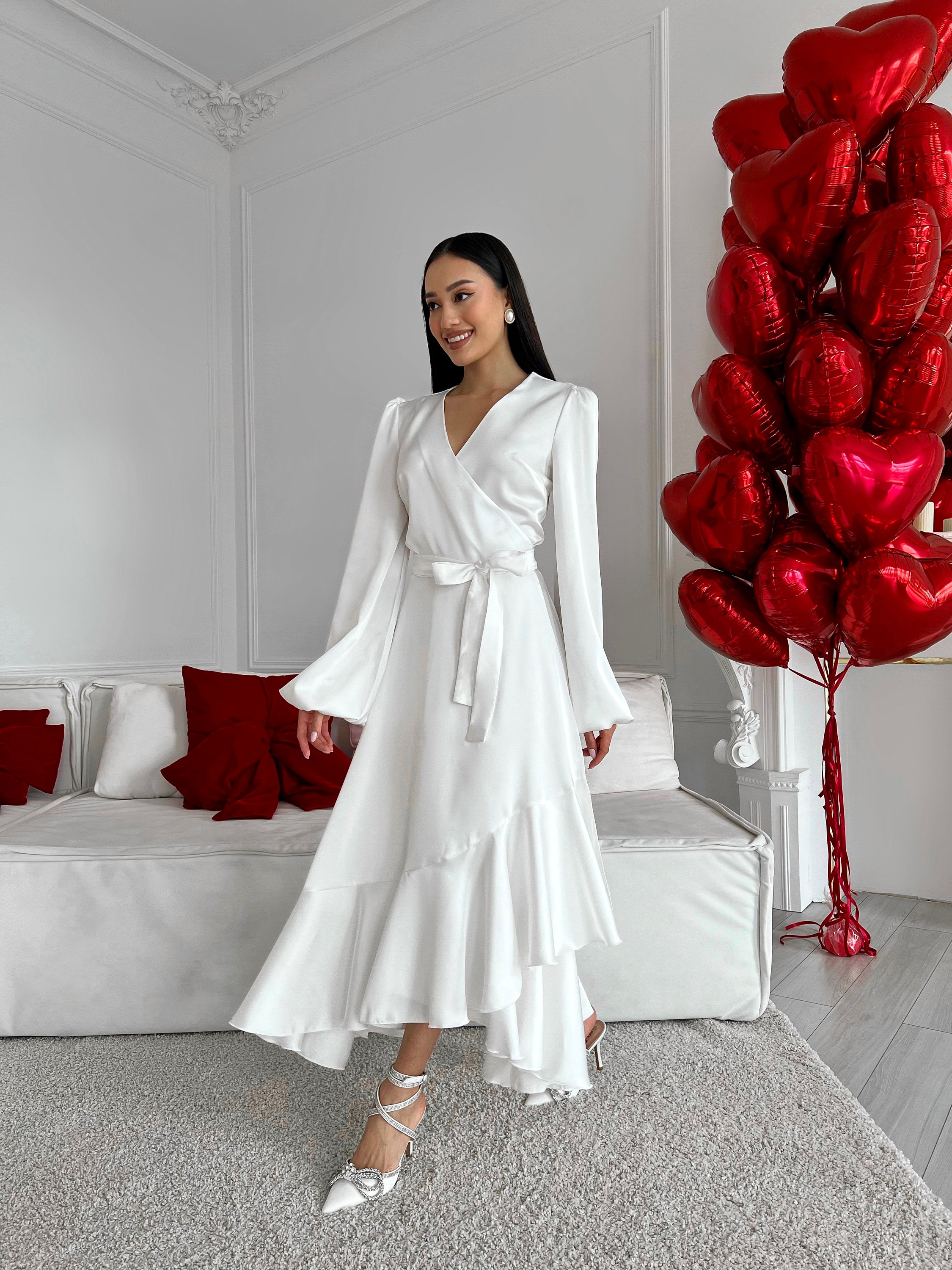 white asymmetrical wrap dress White Asymmetric Draped Dress  Summer Evenings