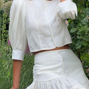 White Linen Suit for Women 2 Piece Set Puff Sleeve Collarless Blouse Flounce Skirt Trendy Suit Linen Skirt Suit Buttoned Shirt Flared Skirt