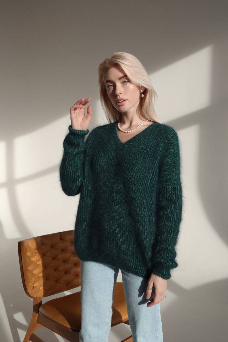 Emerald Knitted Angora Sweater for Women Oversized V neck Casual Green Loose Fit Pullover for Everyday and Special Occasions Winter Jumper