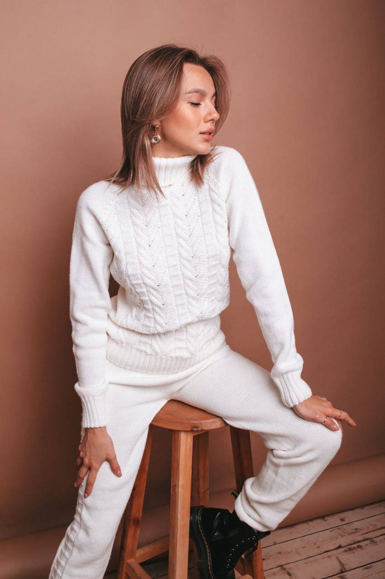 White Seamless Knitted Cashmere Wool Suit for Women Two Piece Etsy