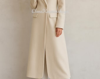 Ivory Viscose Winter Coat: Elegant Tailored Minimalist Outerwear
