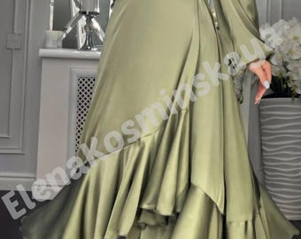 Olive Silk Wrap Dress: Asymmetric Ruffle Gown, Long Sleeve Maxi