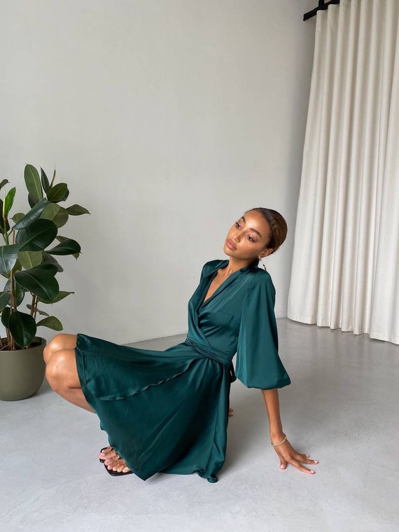 Emerald Green Silk Wrap Dress: Deep V Neck Flared Mini Skirt Emerald Green Silk Wrap Dress: Deep V Neck Flared Mini Skirt