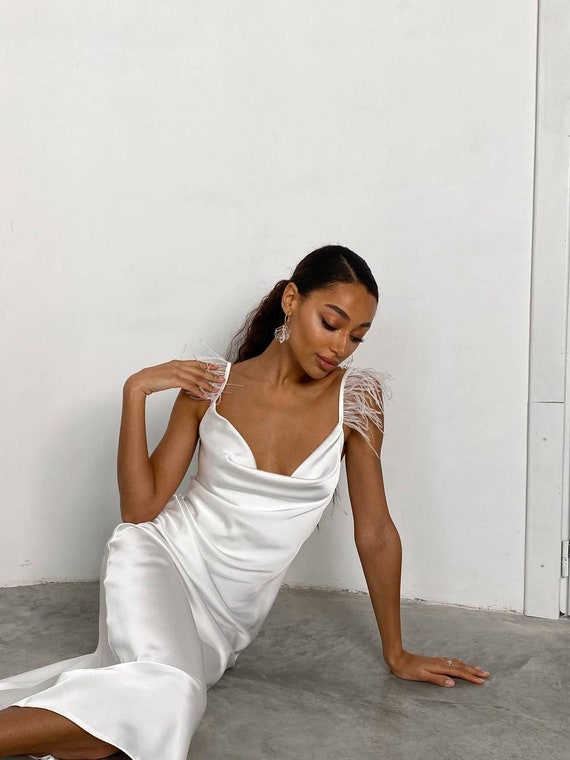 White Silk Slip Midi Dress for Women With Ostrich Feathers Straps