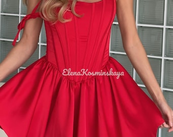 Red Satin Corset Mini Dress | Asymmetrical Party Dress