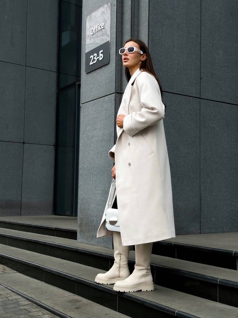 White Herringbone Coat for Women Wool Elegant Wrap Coat Etsy