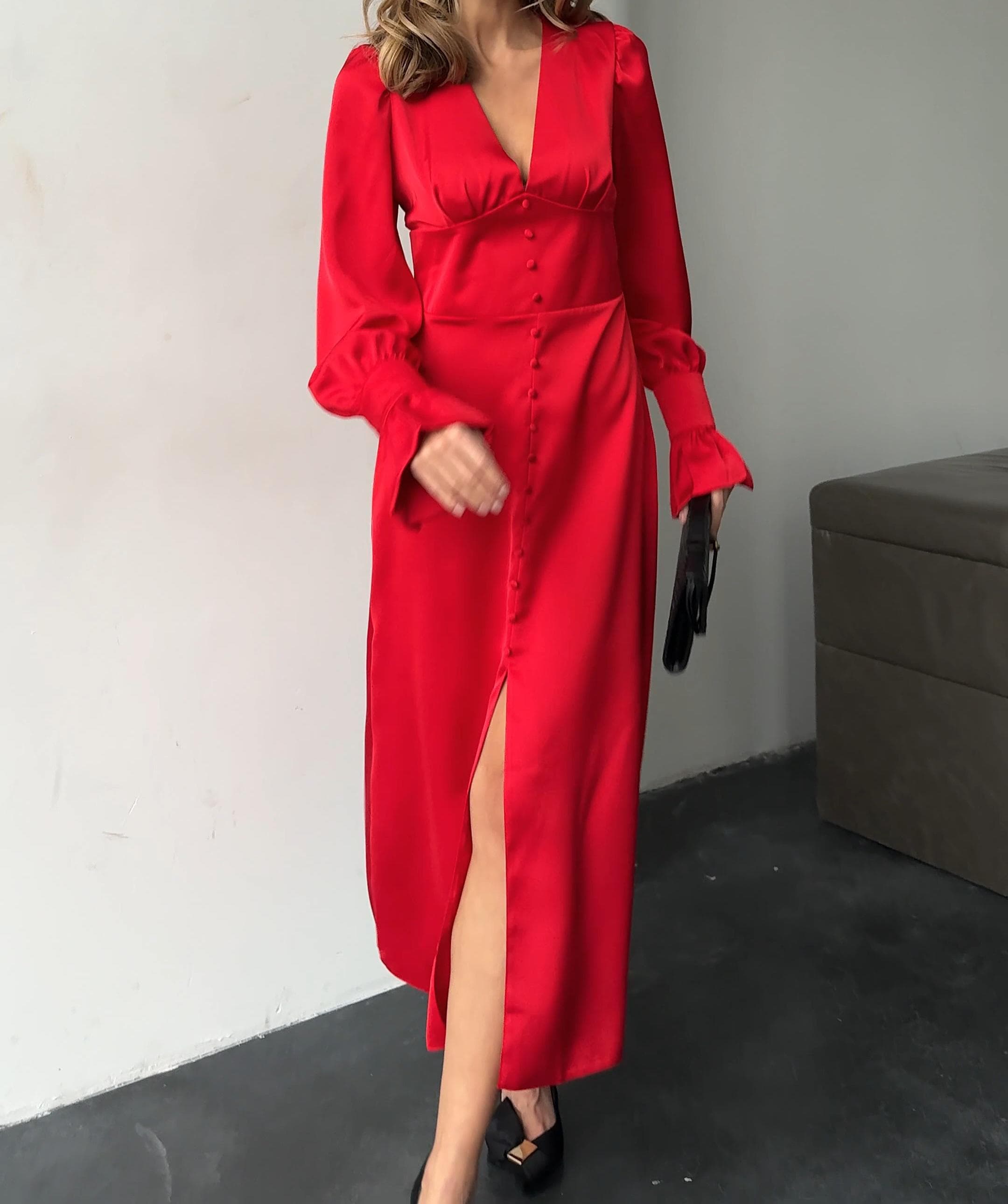 red long sleeve v neck dress Lexie Long Sleeve Dress