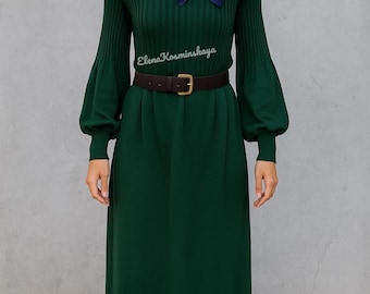 Green Emerald Merino Wool Knitted Midi Dress Cozy Winter Outfit Soft Wool Sweaterdress