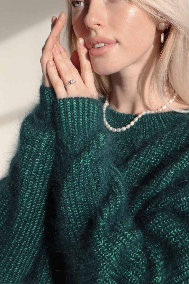 Emerald Knitted Angora Sweater for Women Oversized V neck Casual Green Loose Fit Pullover for Everyday and Special Occasions Winter Jumper