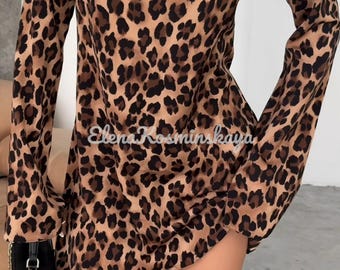 Leopard Print Silk Mini Dress: Long Flared Sleeve Party Dress
