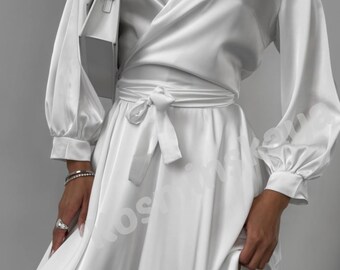 White Silk Wrap Dress: Bishop Sleeves Mini Satin Dress