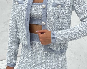 3 Piece Set for Women Knitted Skirt Suit Crop Cardigan Off Shoulder Top Pencil Skirt Jacquard Pattern Suit Trendy Knitted Suit Matching Set