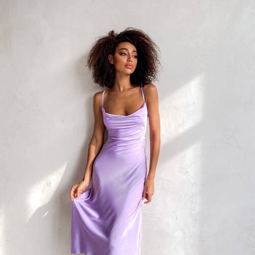 Lavender Silk Slip Dress for Women Open Back Drawstring Sexy Flowy Dress for Romantic Date Bridesmaid Party Prom Satin Ladies Camisole Dress