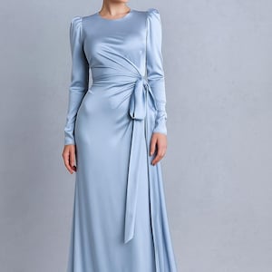 light blue modest dresses for wedding under 200 long sleeves Light Blue Ball Gown Modest Long Sleeve Wedding Dress 66601 High Neck Viniodress