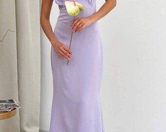 Lavender Satin Floor Dress for Women Deep V Neck Bustier Dress Elegant Maxi Dress Fishtail Silhouette Dress Wedding Guest Dress Evening Gown