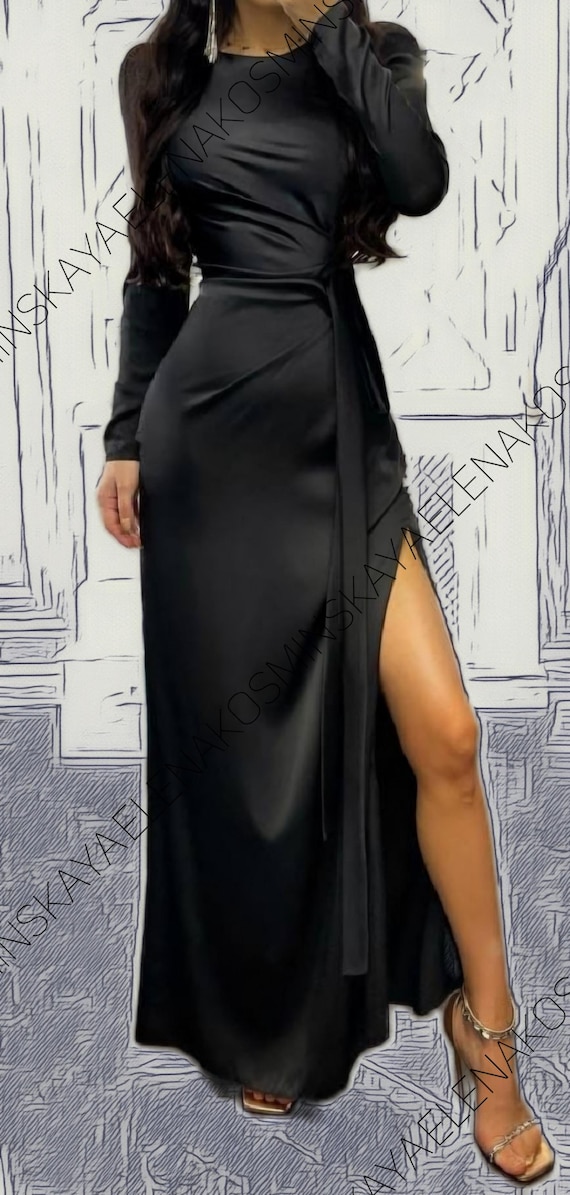 Black Silk Floor Dress for Women Side Slit Dress Lantern Sleeve Dress Evening Gown Maxi Dress Romantic Date Dress Celebrations Party Dress