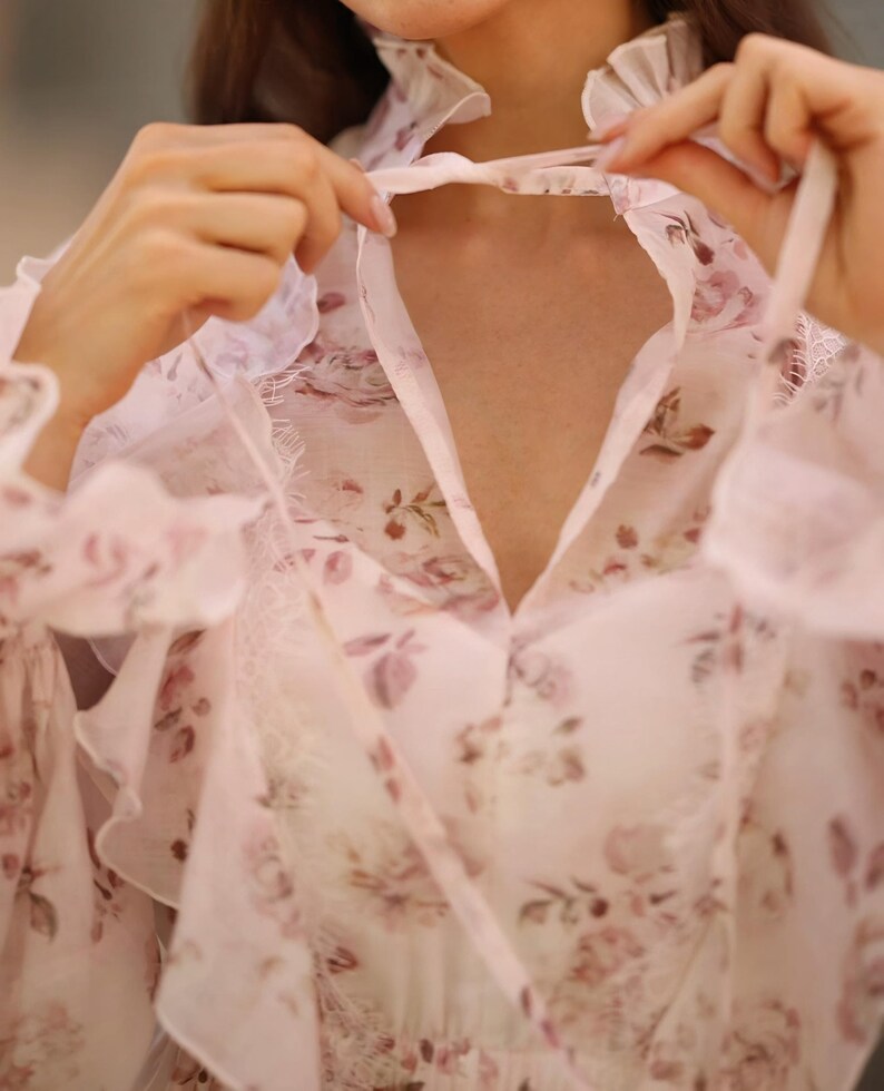 Floral Tencel Mini Dress French Lace Ruffled Cottagecore Romantic Pink Long Sleeve Dress Flounce High Neck Dress Boho Summer Outfit image 5