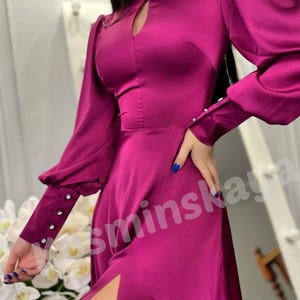 Fuchsia Seidenkleid für Frauen Keyhole-Ausschnitt Kleid Sexy High Slit Kleid Elegantes Maxikleid Bischof Ärmel Kleid Hochzeitsgast Kleid Abendkleid
