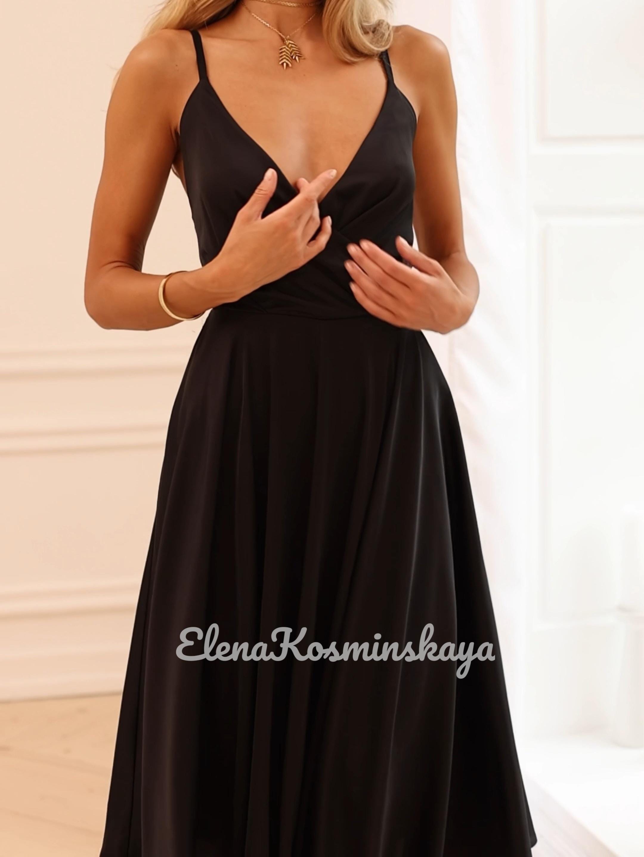 Black Silk Midi Dress: Backless V-Neck Evening Gown