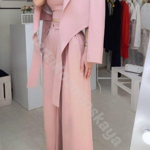 Dusty Pink Pantsuit for Women 3 Piece Set Asymmetric Tie Crop Blazer Deep V Neck Top Palazzo Pants Wedding Guest Suit Formal Event Suit Set