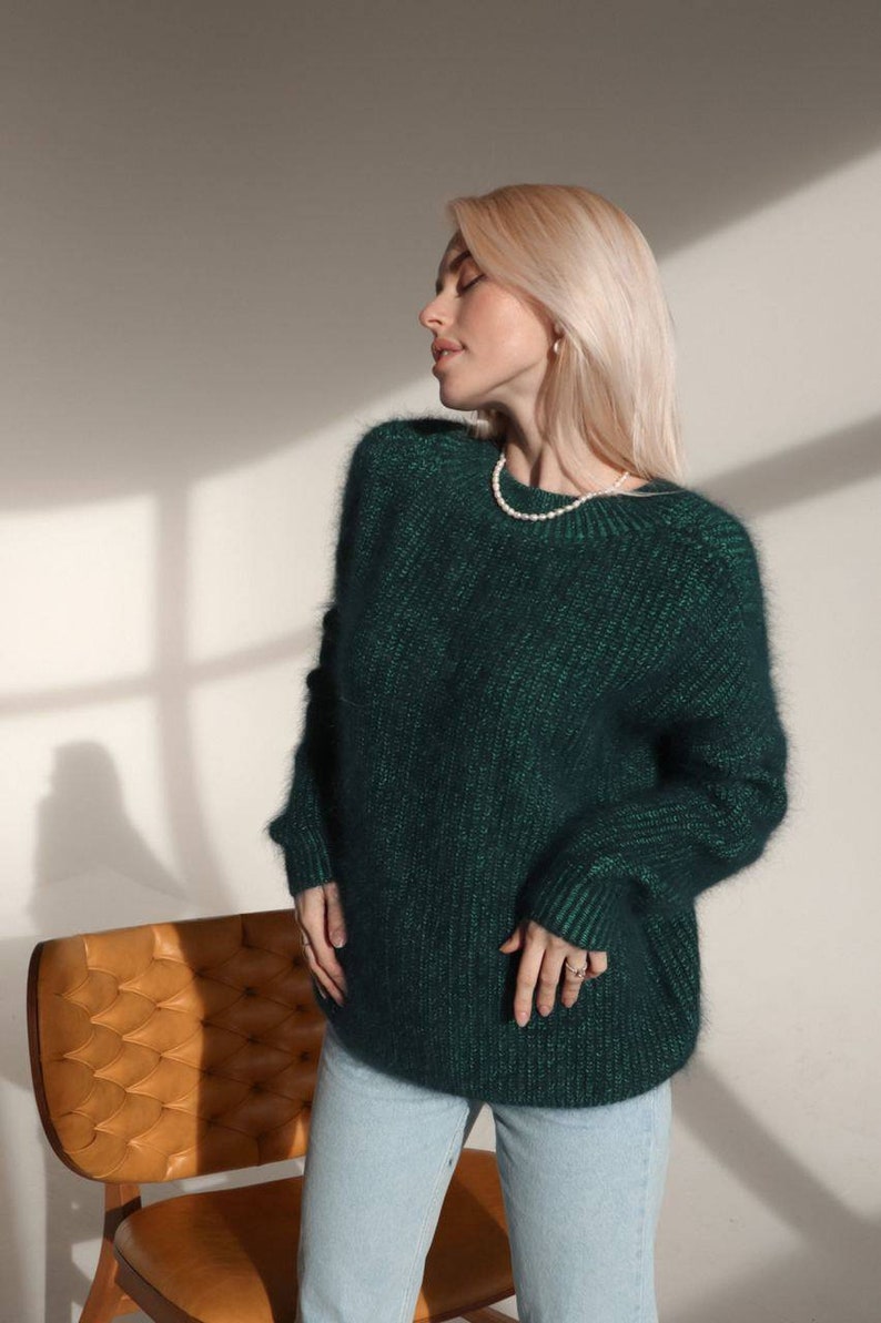 Emerald Knitted Angora Sweater for Women Oversized V neck Casual Green Loose Fit Pullover for Everyday and Special Occasions Winter Jumper
