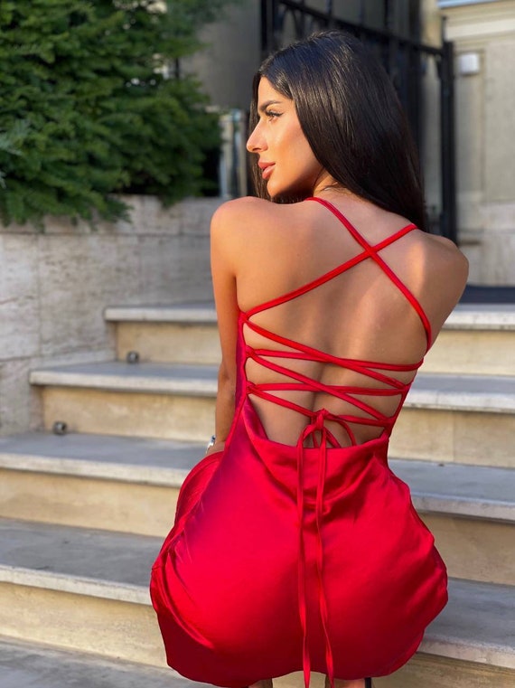 Red Silk Slip Midi Dress for Women Sexy Open Back Dress With