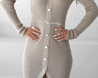 Beige Knit Midi Semi Sheer Long Sleeve Sweater Dress for Women - Etsy