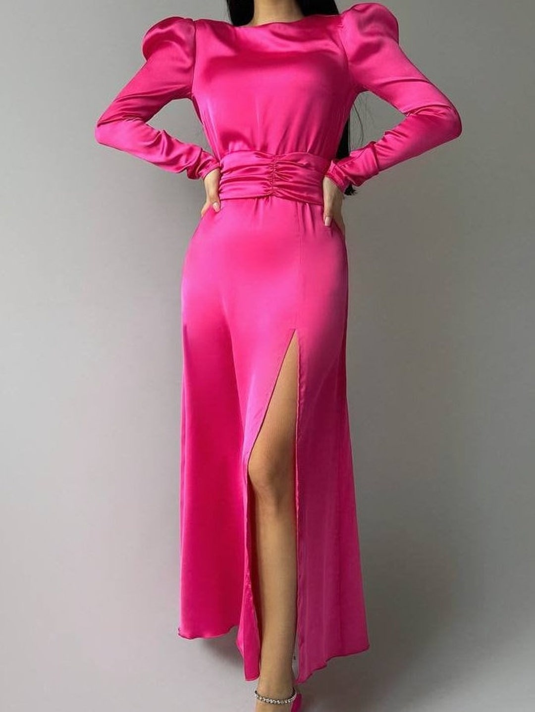 Hot Pink Silk Maxi Dress for Women High Slit Dress Puff Long Sleeve — free download