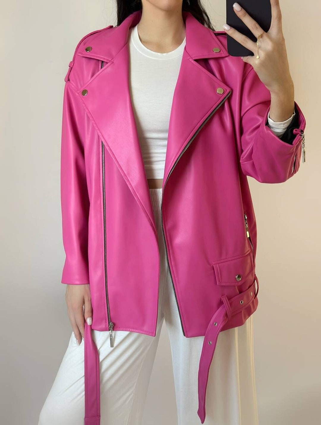 Hot Pink Faux Leather Jacket for Women Trendy Biker Jacket Etsy