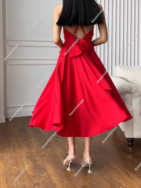 Red Silk Midi Dress: Open Back Flared Sun Skirt, Wedding Guest Dress - Etsy Israel Red Silk Midi Dress: Open Back Flared Sun Skirt, Wedding Guest Dress - Etsy Israel