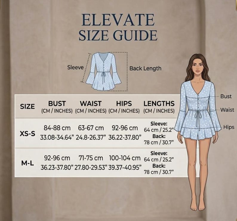 May include: An 'Elevate Size Guide' graphic with measurements in centimetres and inches. The guide includes bust, waist, hips, and lengths for XS-S and M-L sizes. A woman in a light blue romper with white polka dots is shown.