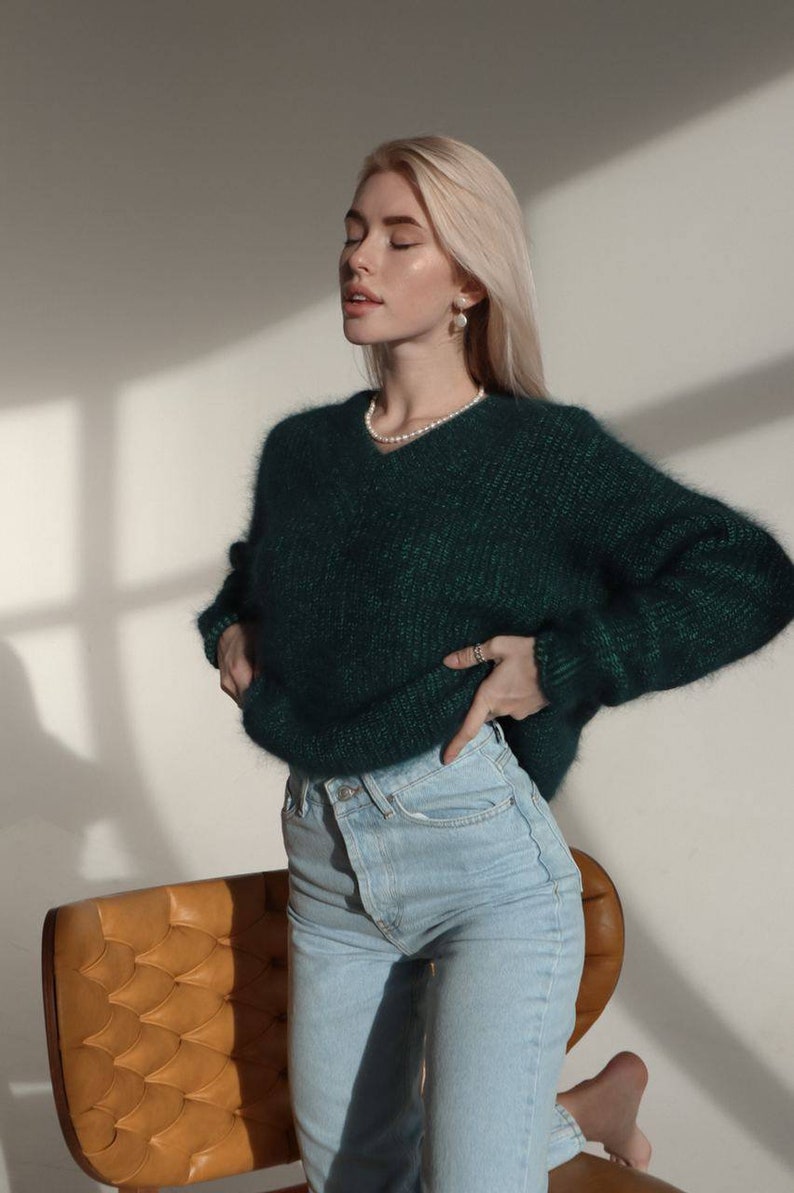 Emerald Knitted Angora Sweater for Women Oversized V neck Casual Green Loose Fit Pullover for Everyday and Special Occasions Winter Jumper