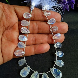 79 Carats Natural White Rainbow Moonstone Faceted Pear Briolette Shape 8 Inch Beads, Blue Rainbow Fire White Moonstone Gemstone