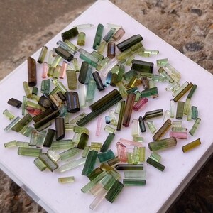 Pu&ograve; includere: Una collezione di cristalli di turmalina verde, blu e rosa di varie dimensioni e forme. I cristalli sono disposti su una superficie bianca.