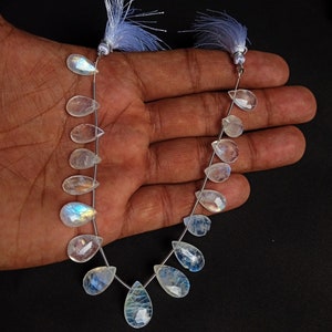 68 Carat Natural White Rainbow Moonstone Faceted Pear Briolette Shape 8 Inch Beads, Blue Rainbow Fire White Moonstone Gemstone