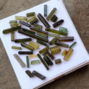Tourmaline Rough, 48 Piece Natural Deep Green, Olive Green, Greenish Blue Tourmaline Pipe/Tube Shape Raw Rough 4 to 25 MM Thin/Tiny Size