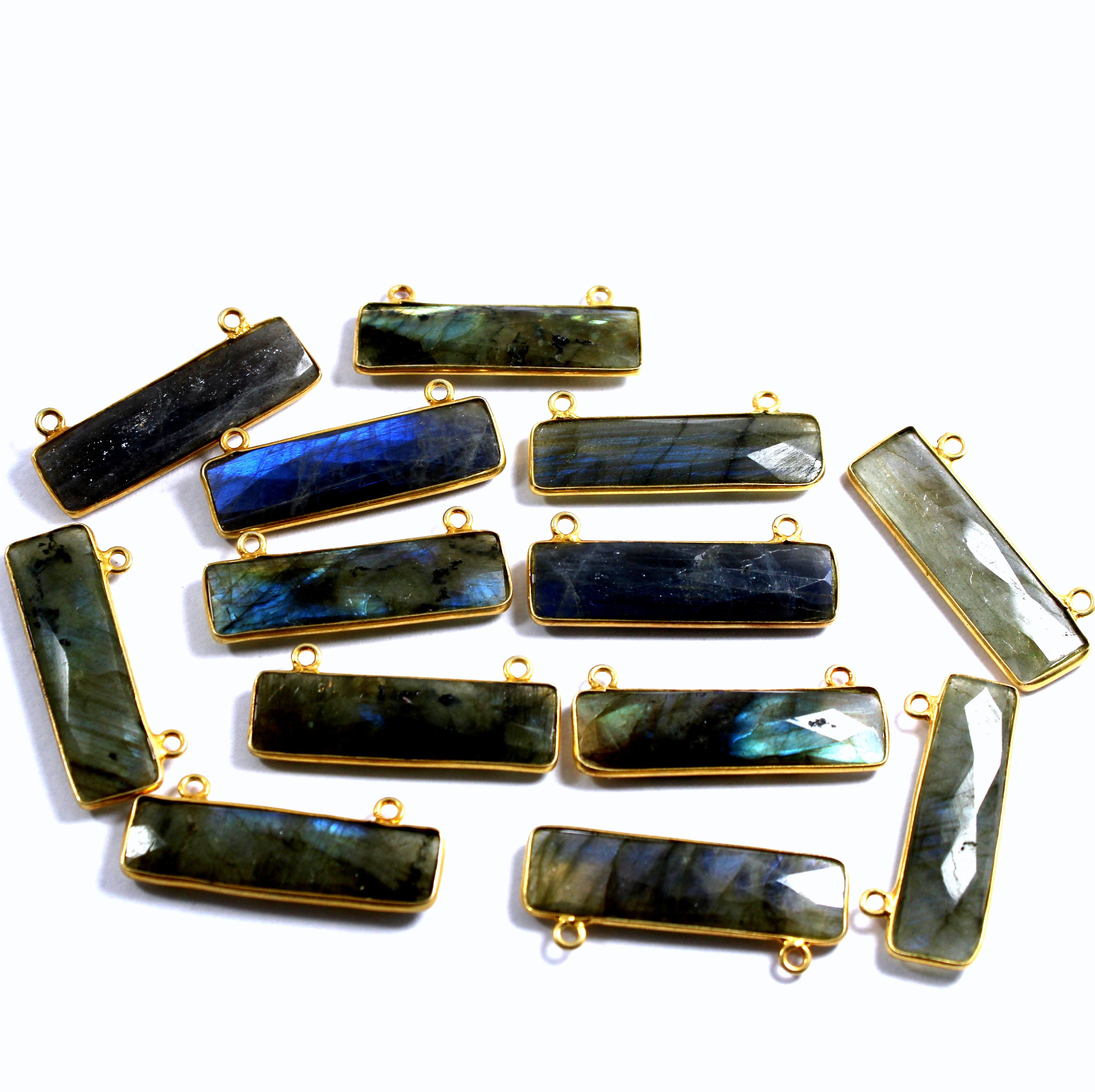 925 Sterling Silver Gold Plated Double Loop Bezel Pendant 30x8 MM Faceted Natural Labradorite Rectangle Cut 1 Piece