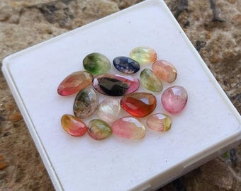 15 Piece Watermelon Tourmaline Rose Cut Gemstones: Bi-Color Jewelry Making