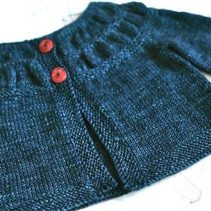 May include: A dark blue knitted cardigan with a button closure and a textured pattern. The cardigan has two red buttons.